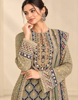 Olive crepe silk blend printed suit set 2