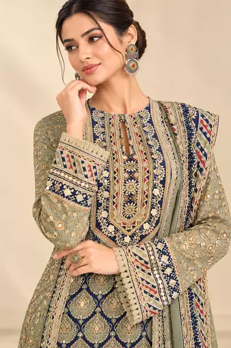 Olive crepe silk blend printed suit set