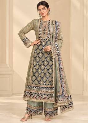 Olive crepe silk blend printed suit set 3