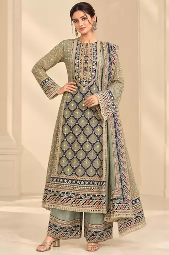 Olive crepe silk blend printed suit set