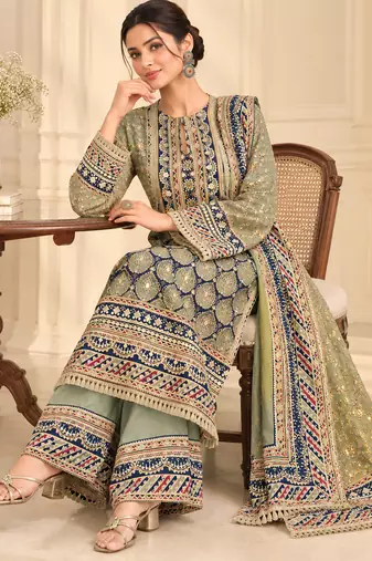 Olive crepe silk blend printed suit set