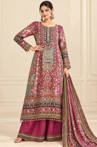 Wine crepe silk blend printed suit set