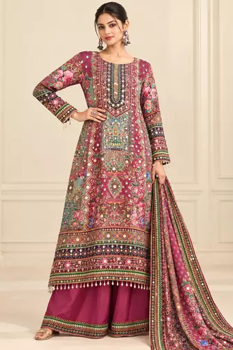 Wine crepe silk blend printed suit set
