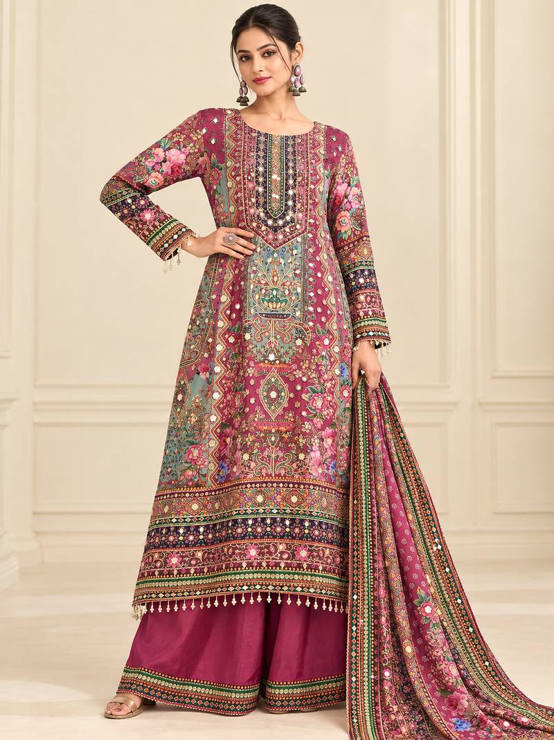 Wine crepe silk blend printed suit set