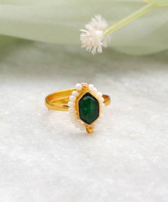 Gold plated kundan green halo ring 2
