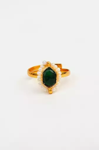 Gold plated kundan green halo ring