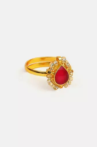 Gold plated kundan red halo ring