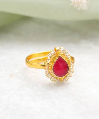 Gold plated kundan red halo ring 4