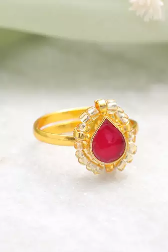 Gold plated kundan red halo ring