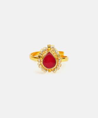 Gold plated kundan red halo ring 5