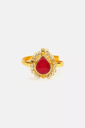 Gold plated kundan red halo ring