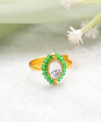 Gold plated kundan green halo ring 2