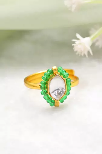 Gold plated kundan green halo ring