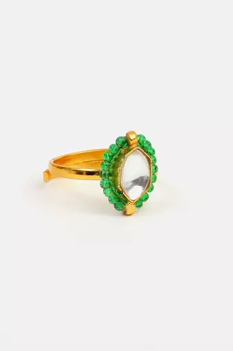 Gold plated kundan green halo ring