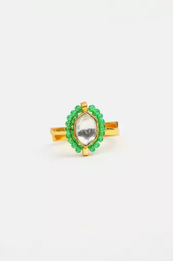 Gold plated kundan green halo ring