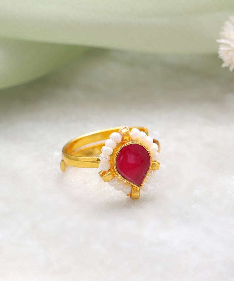 Gold plated kundan pink halo ring
