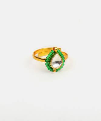 Gold plated kundan green halo ring 3