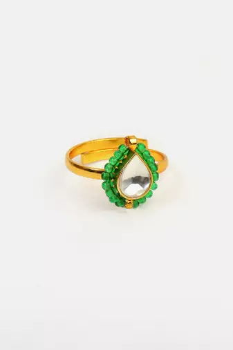 Gold plated kundan green halo ring