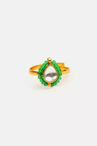 Gold plated kundan green halo ring
