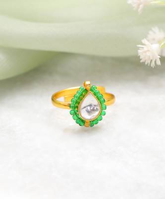 Gold plated kundan green halo ring 5