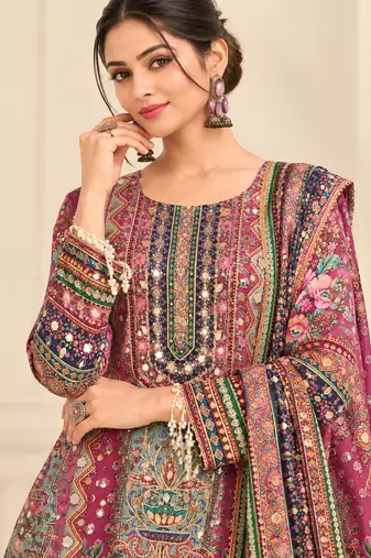 Wine crepe silk blend printed suit set