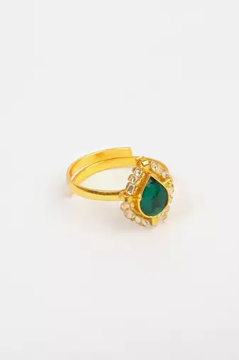 Gold plated kundan green halo ring