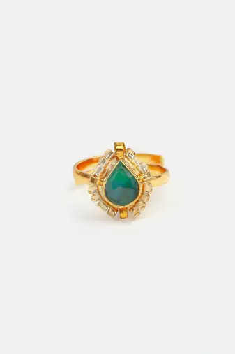 Gold plated kundan green halo ring