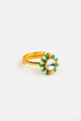 Gold plated kundan green ring