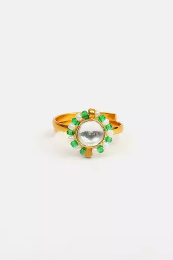 Gold plated kundan green ring