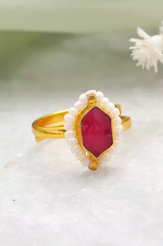 Gold plated kundan pink ring