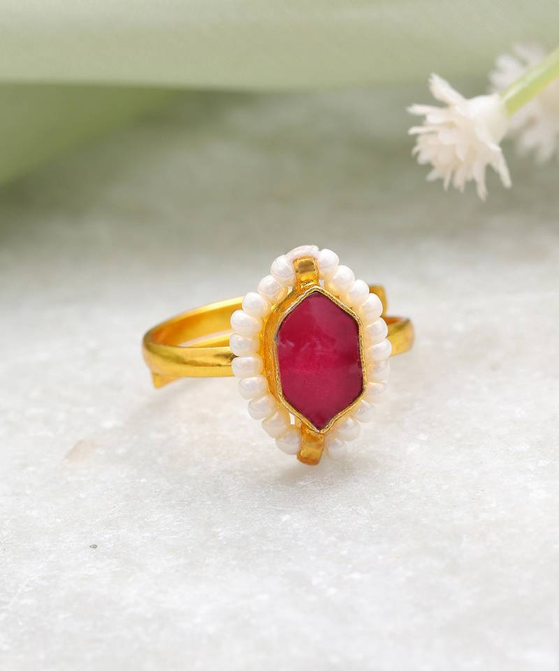 Gold plated kundan pink ring