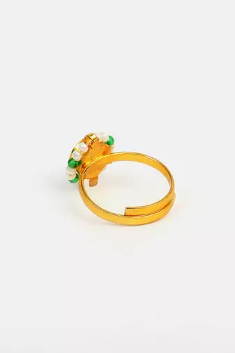 Gold plated kundan green halo ring