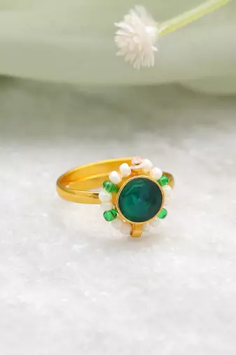 Gold plated kundan green halo ring