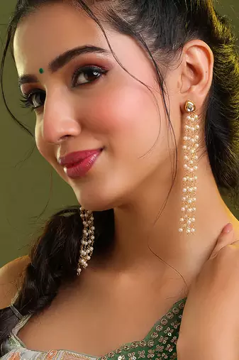 Gold plated kundan white pearl tassel earrings