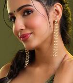 Gold plated kundan white pearl tassel earrings