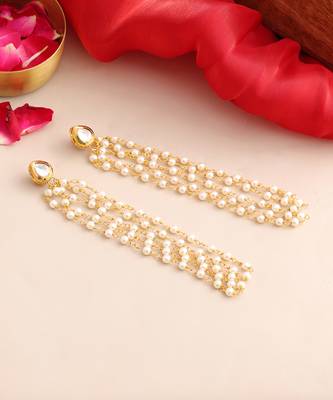 Gold plated kundan white pearl tassel earrings 2