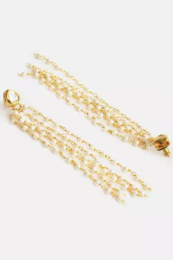 Gold plated kundan white pearl tassel earrings