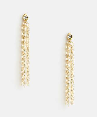 Gold plated kundan white pearl tassel earrings 4