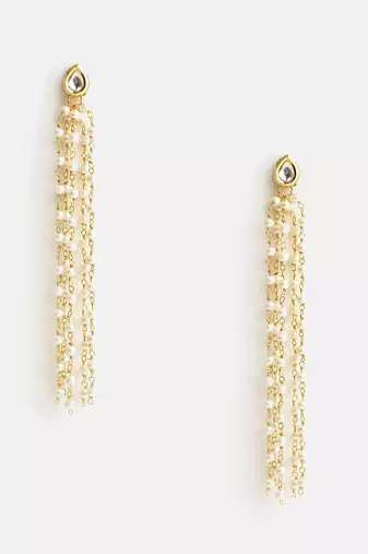 Gold plated kundan white pearl tassel earrings