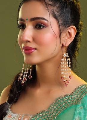 Gold plated kundan multicolor pearl chandelier earrings 1