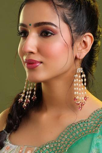 Gold plated kundan multicolor pearl chandelier earrings
