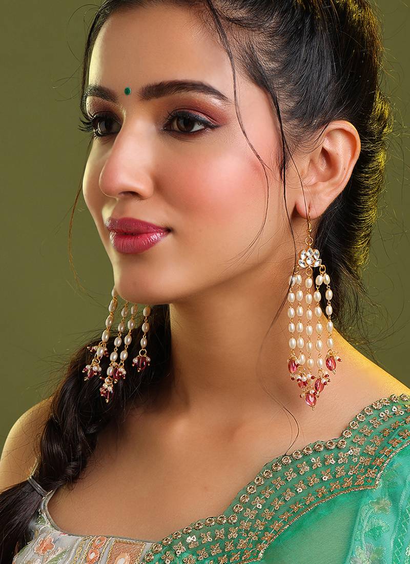 Gold plated kundan multicolor pearl chandelier earrings