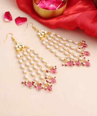 Gold plated kundan multicolor pearl chandelier earrings 2