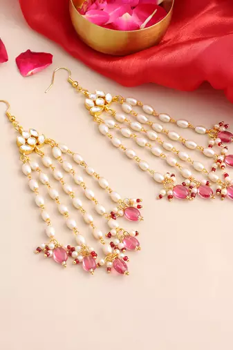 Gold plated kundan multicolor pearl chandelier earrings