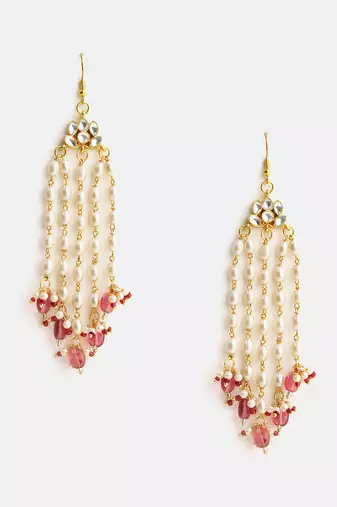 Gold plated kundan multicolor pearl chandelier earrings