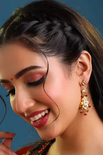 Gold plated kundan maroon drop earrings