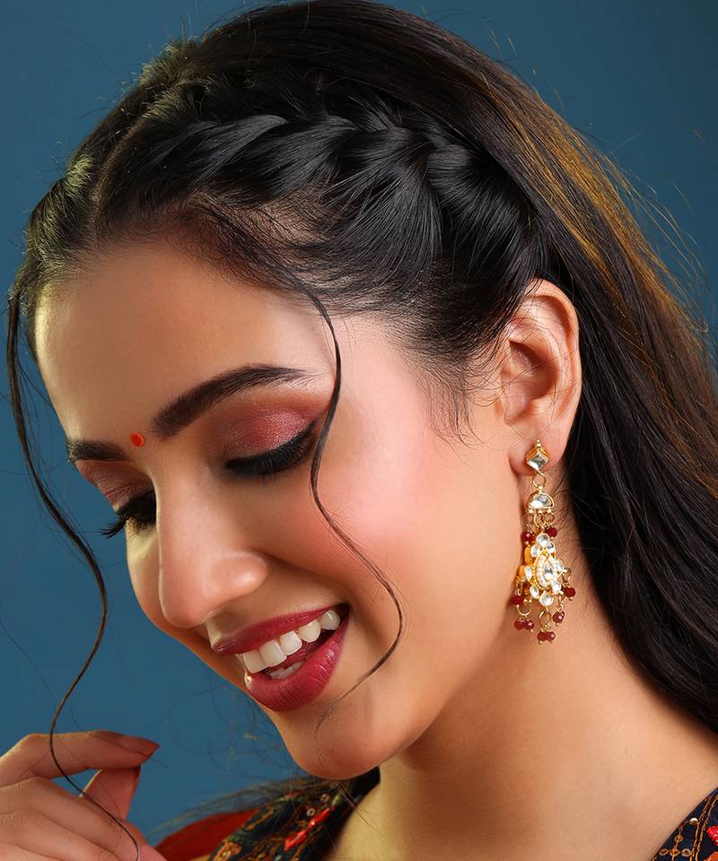 Gold plated kundan maroon drop earrings