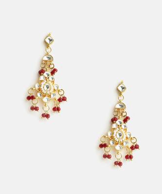 Gold plated kundan maroon drop earrings 2
