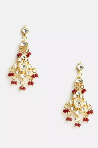 Gold plated kundan maroon drop earrings