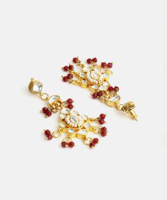 Gold plated kundan maroon drop earrings 3